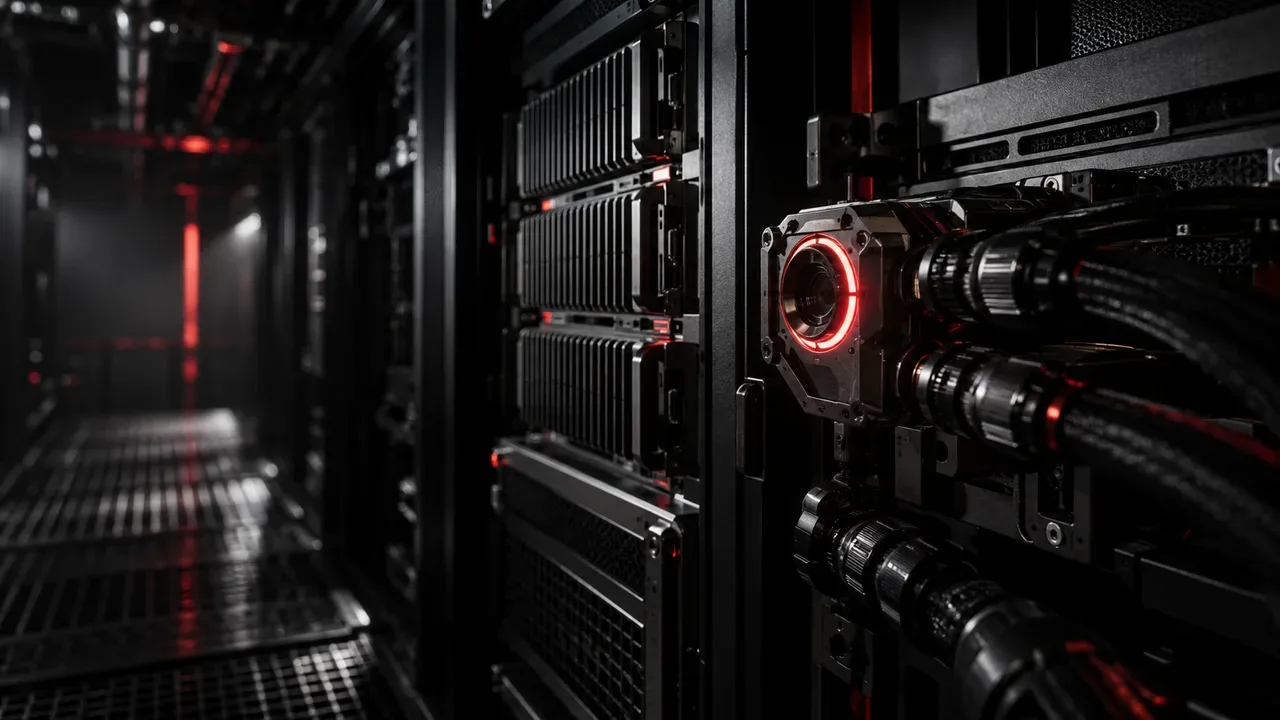 Close-up de infraestrutura de servidores de borda e hardware de telemetria em datacenter
