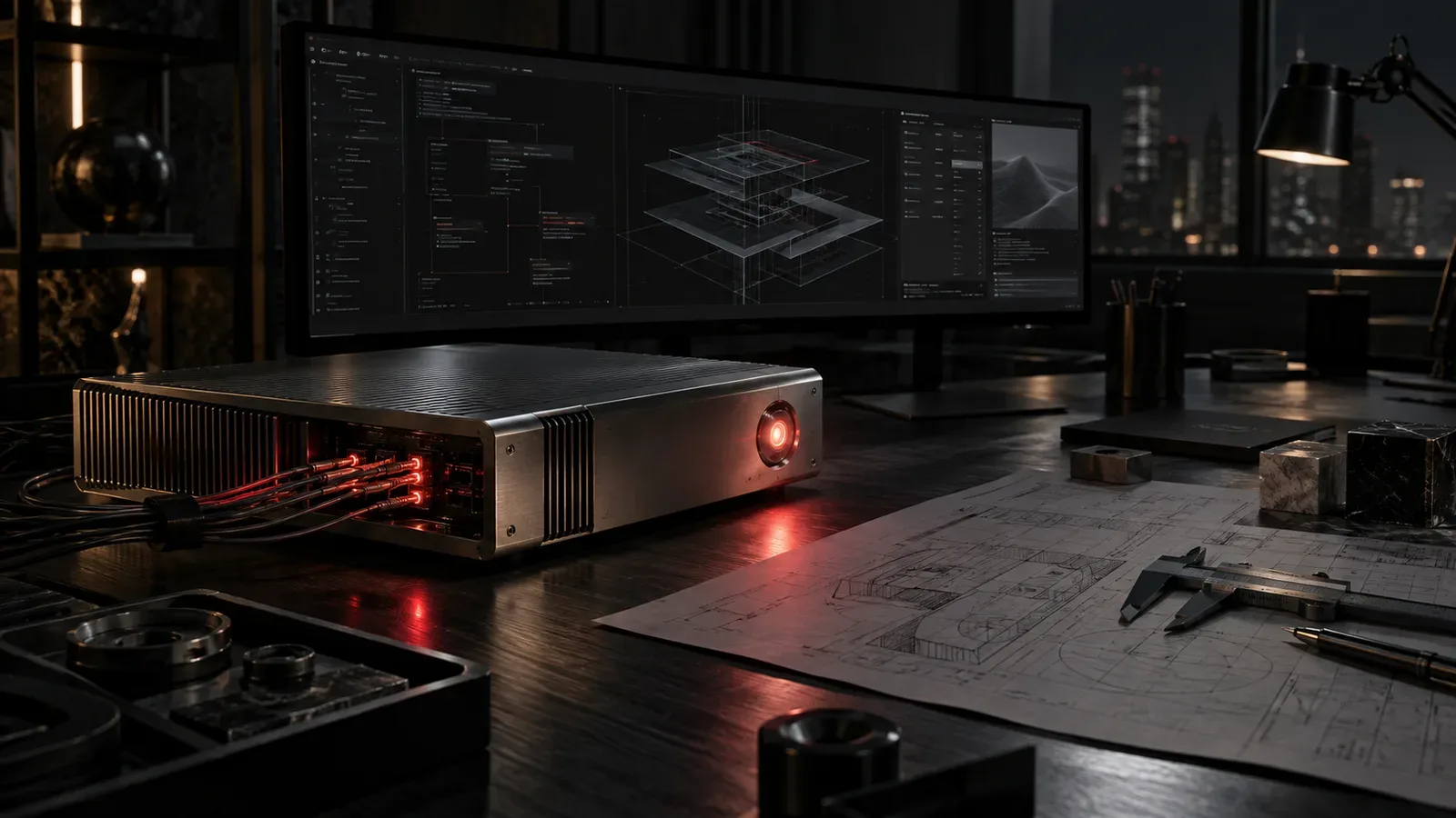 Estação de engenharia de software e design digital em ambiente chiaroscuro com iluminação focal