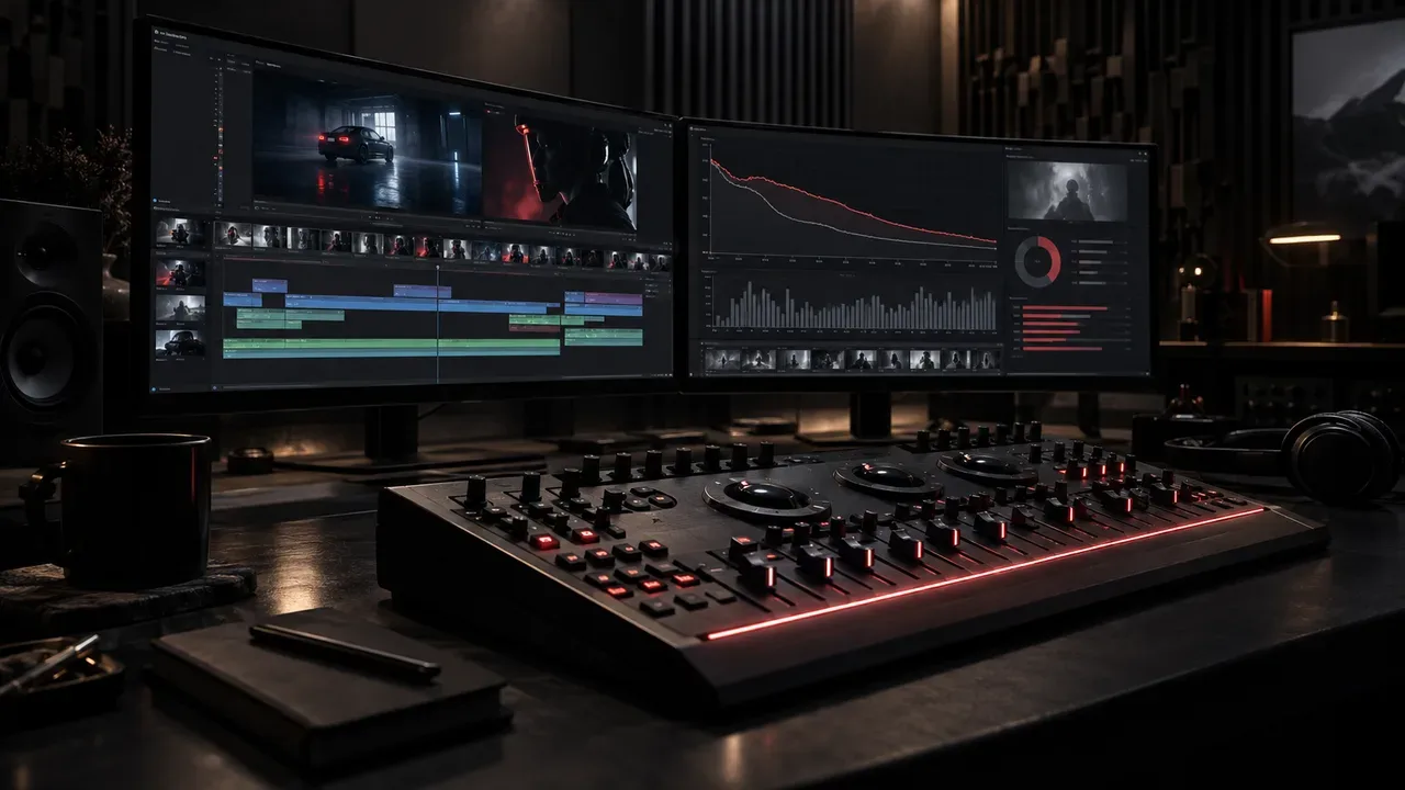 Painel de controle em war room de mídia de performance com timeline de edição, gráficos de retenção e fader mecânico com acento carmim