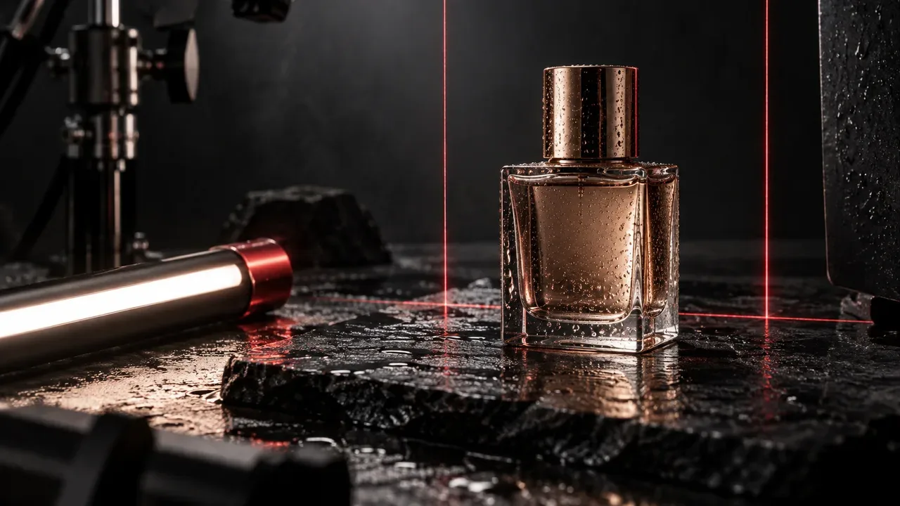 Estúdio de iluminação e produção de packshots para criativos comerciais multiformato com iluminação chiaroscuro e suporte carmim