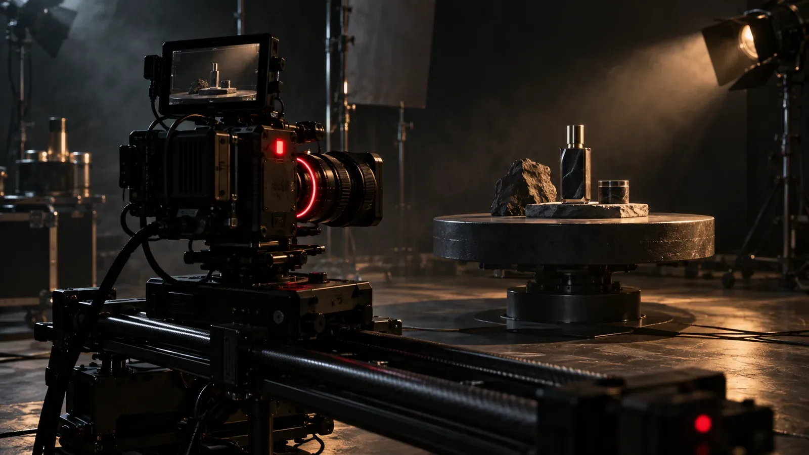 Bancada de produção de anúncios comerciais com câmera de cinema, slider motorizado e indicador luminoso carmim