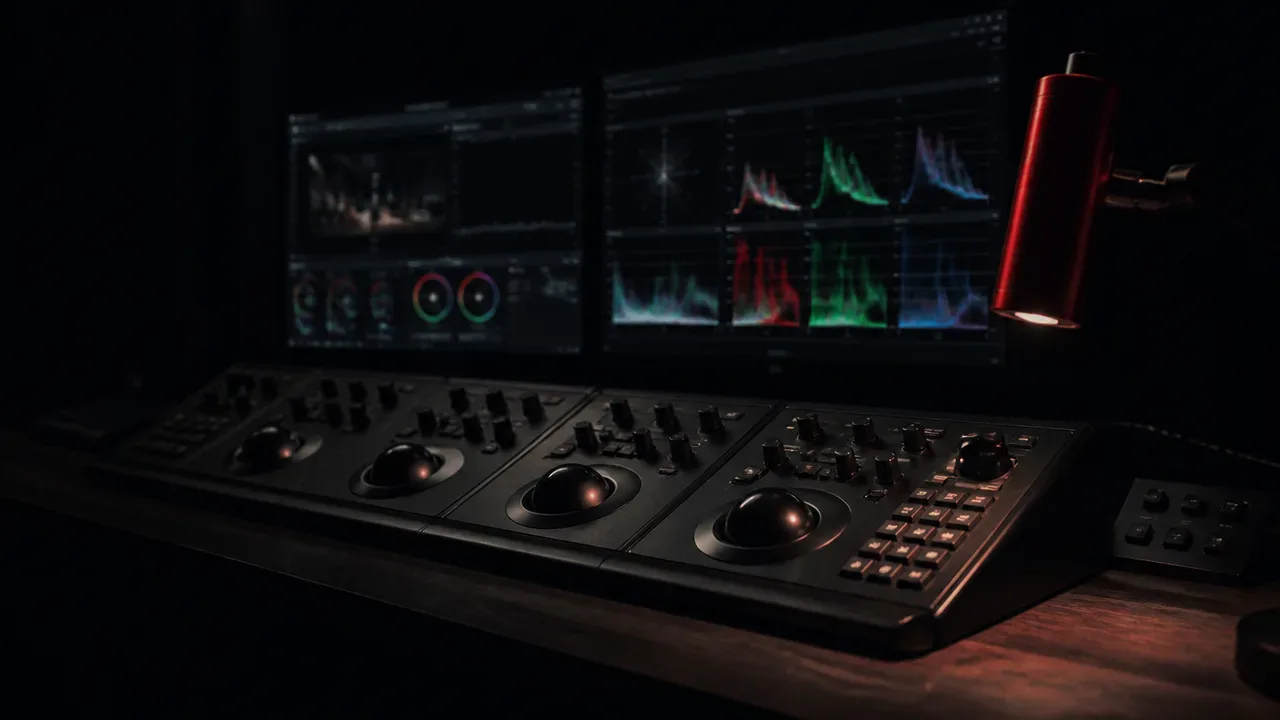 Console de color grading em suíte de pós-produção com monitores de referência exibindo curvas logarítmicas sob iluminação de contraste carmim