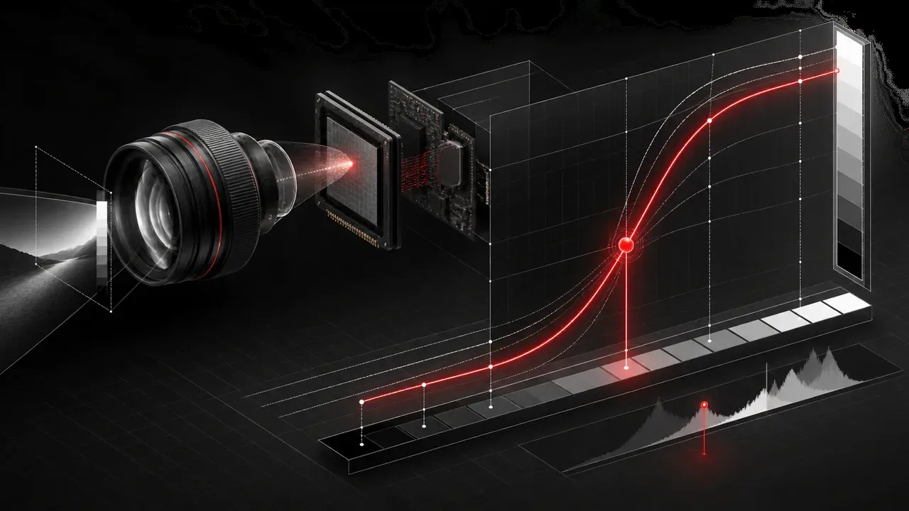 Diagrama técnico isométrico exibindo curvas de transferência logarítmicas de cinema digital sobre fundo grafite escuro com realces carmim