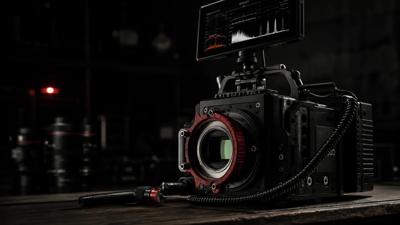 Câmera de cinema digital de alta performance em bancada de testes sob iluminação chiaroscuro com anel carmim visível