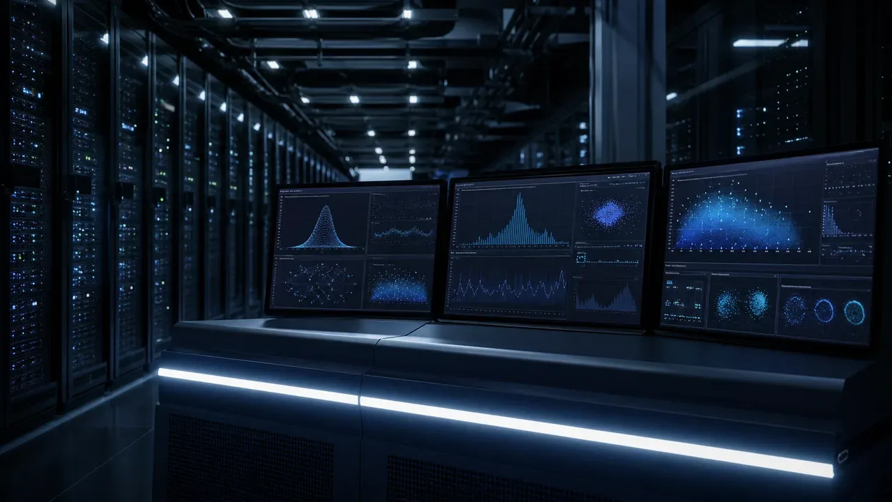 Bancada técnica de engenharia de dados e infraestrutura criptográfica com múltiplos monitores widescreen e luminária acesa