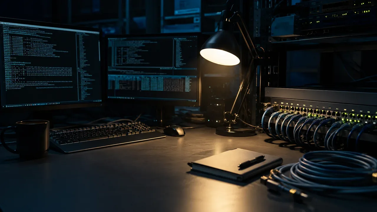 Console de monitoramento de servidores e processamento de privacidade diferencial em data center escuro com console iluminado