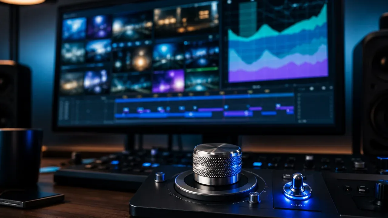 Console analítico de performance com display de monitor de referência exibindo matriz modular e chave seletora com LED luminoso