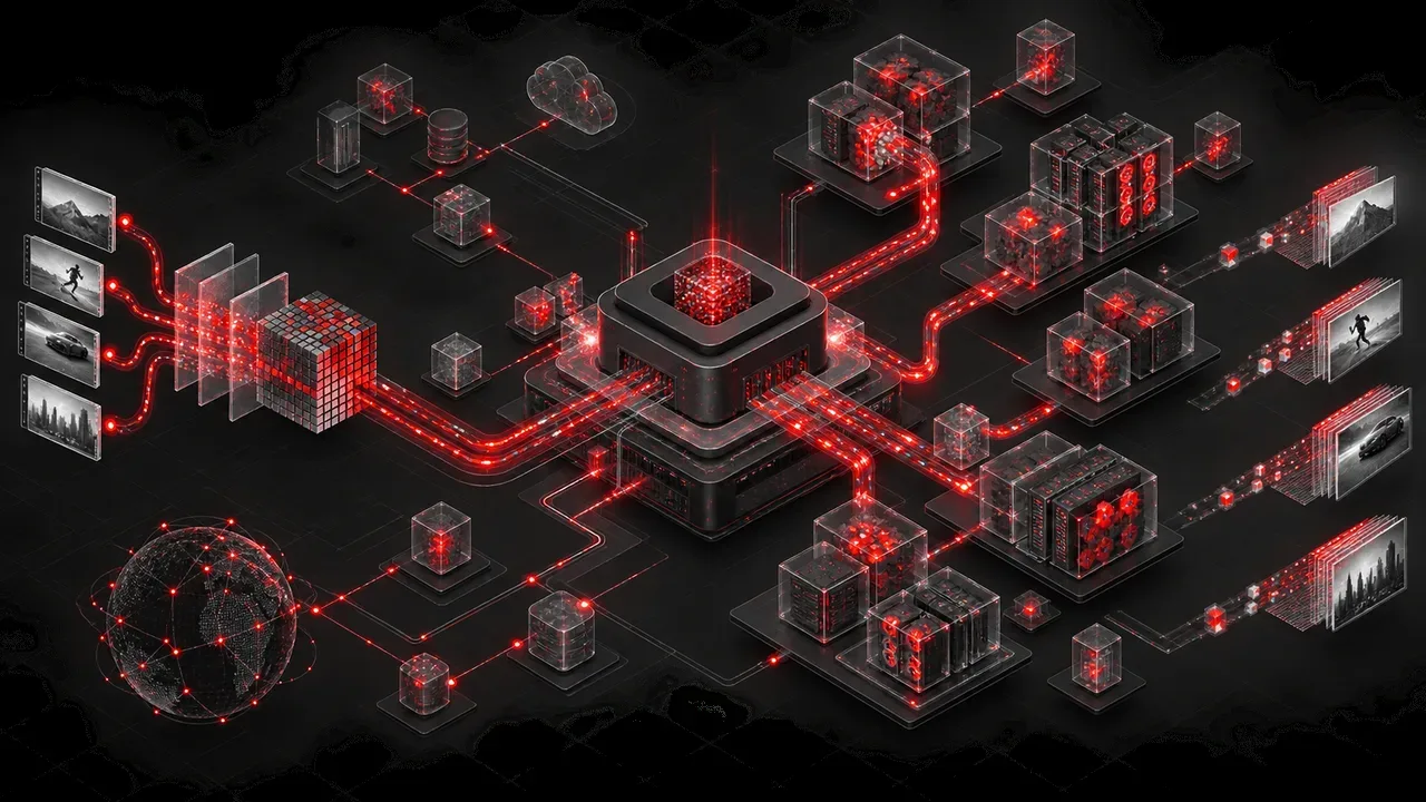 Diagrama esquemático da arquitetura de renderização distribuída em nós serverless com feixes de laser carmim