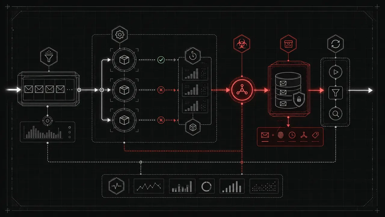 Diagrama técnico da arquitetura de Dead-Letter Queues e isolamento de poison messages para agentes de IA