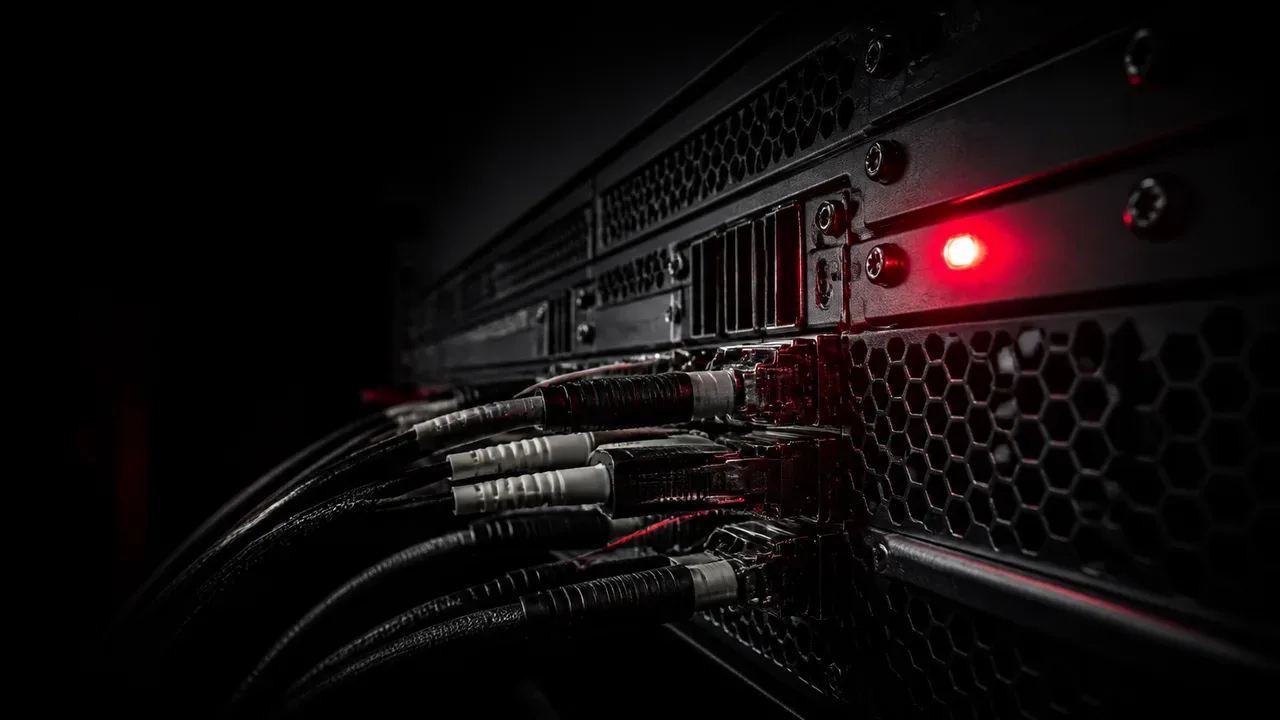 Close-up de chassi de servidor de mensageria com cabo óptico e LED vermelho de diagnóstico em rack corporativo escuro