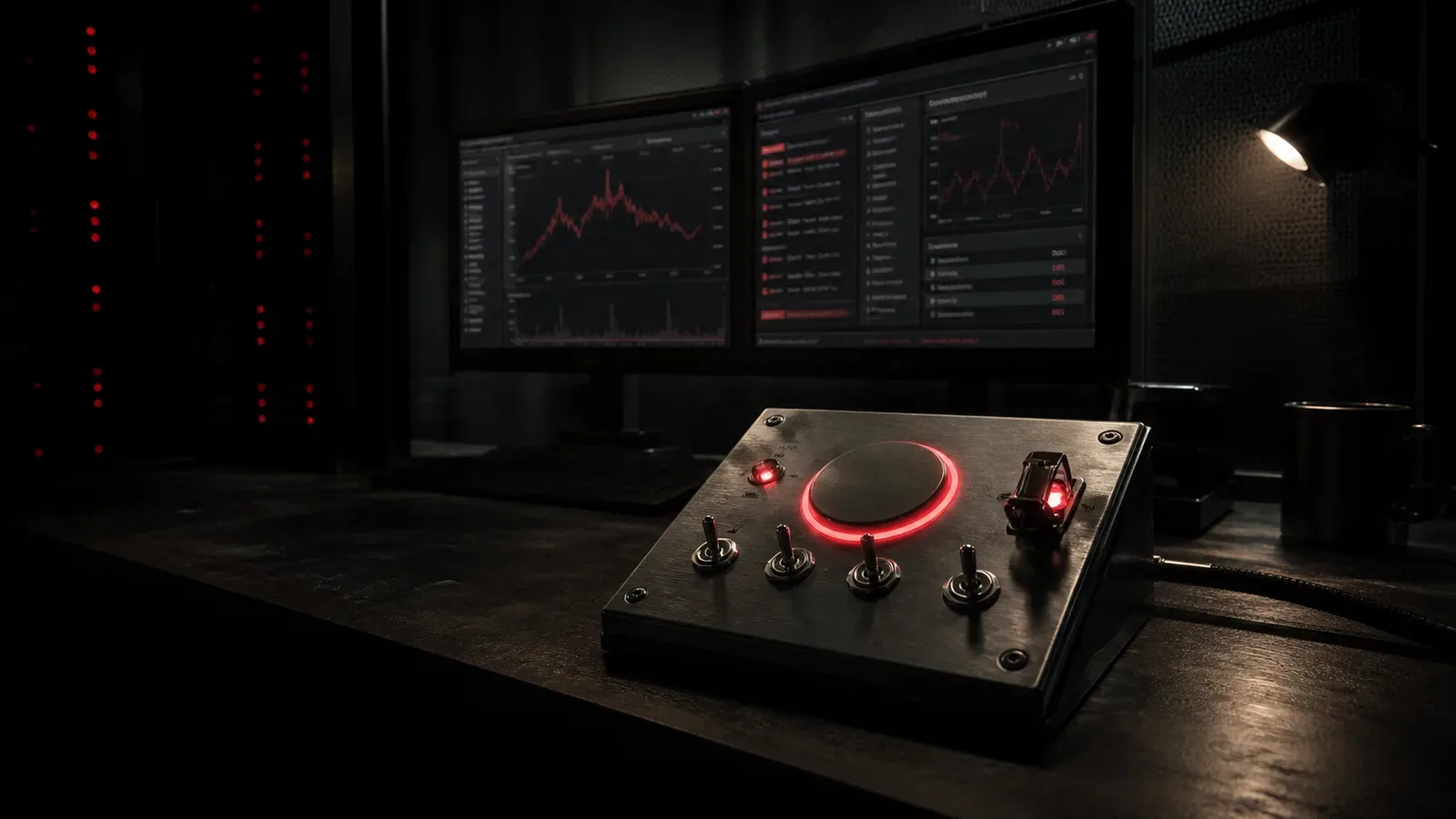 Bancada de monitoramento industrial com telas exibindo telemetria de filas de mensagens e console de redrive com anel carmim iluminado