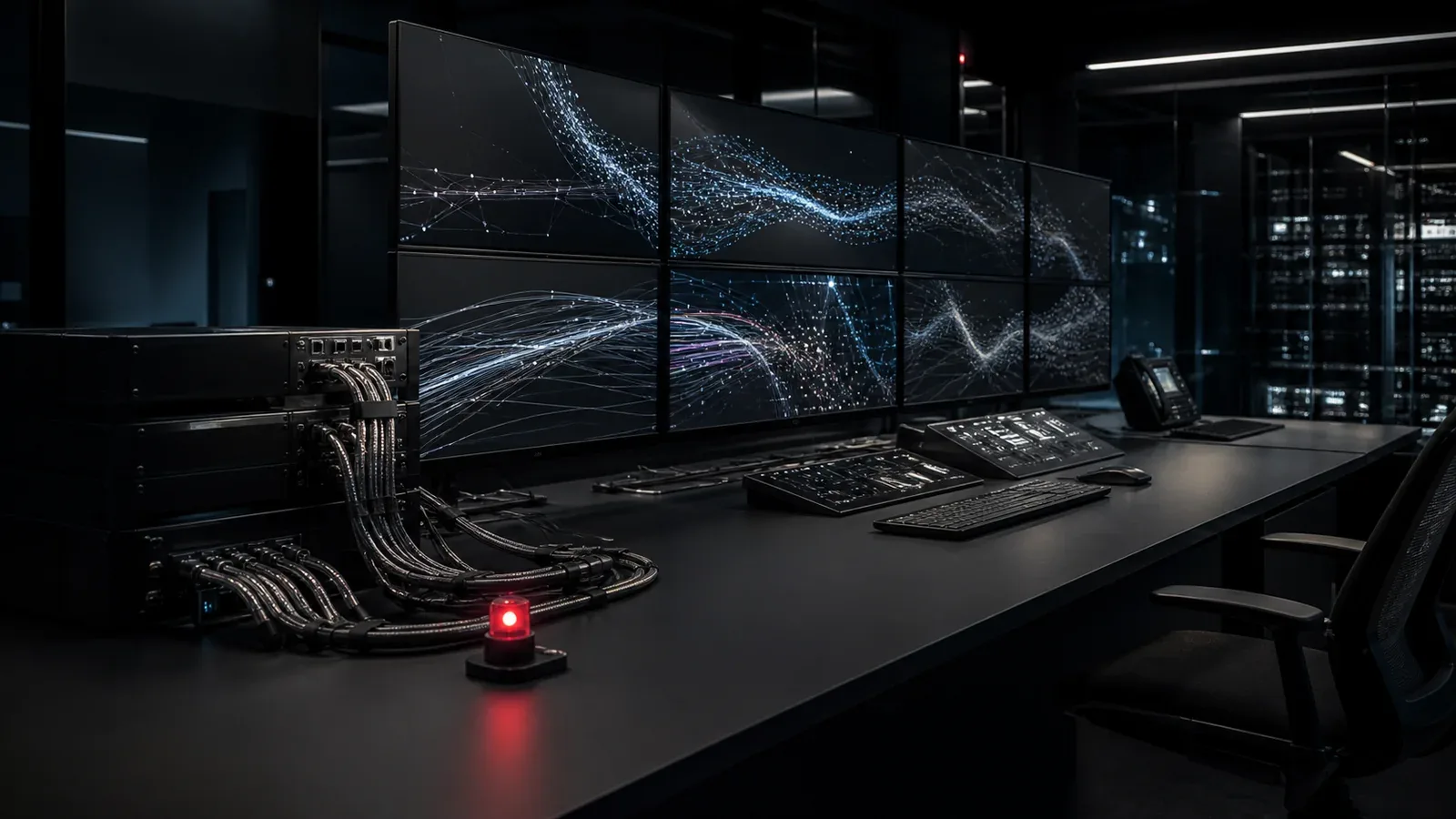 Acelerador neural em rack escuro com indicador carmim aceso