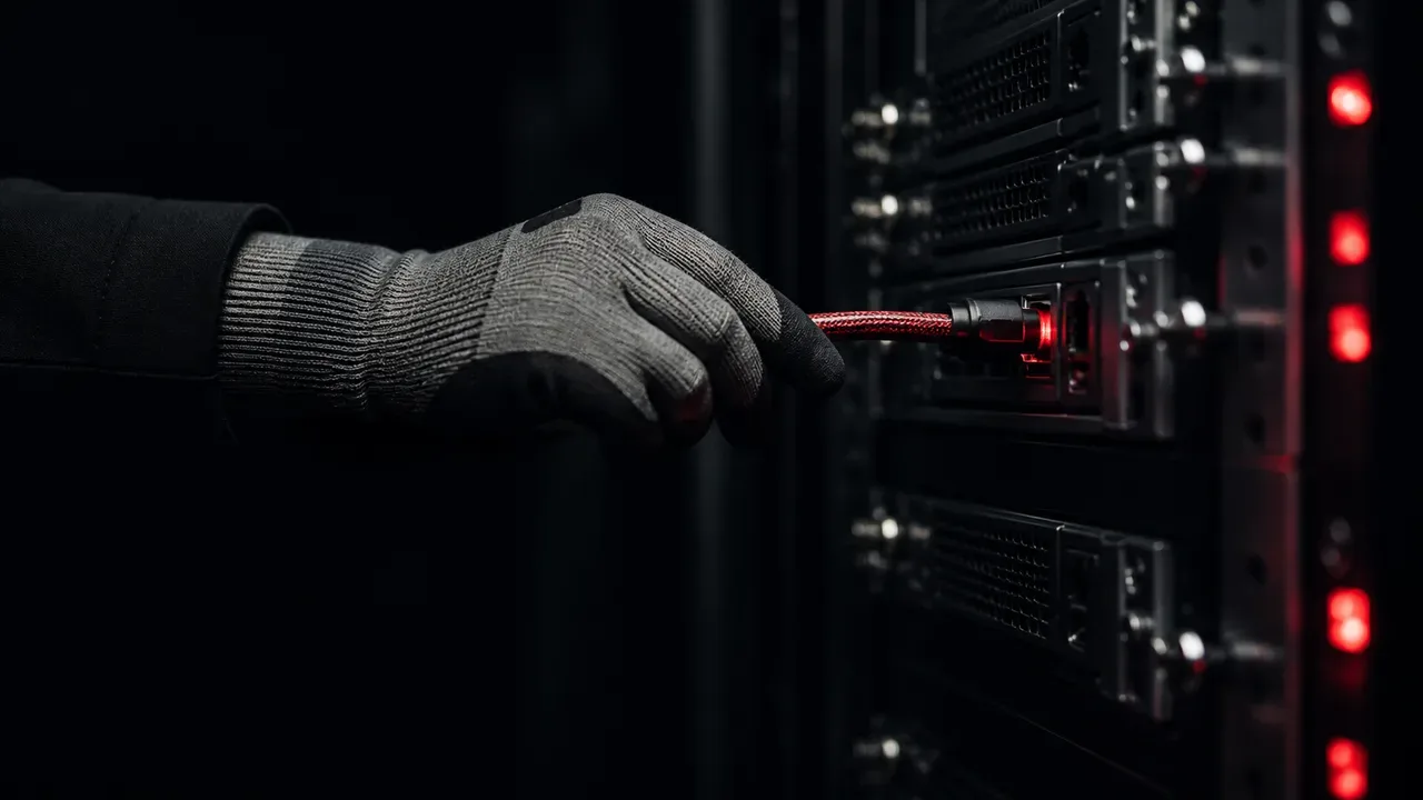 Engenheiro conectando cabeamento de alta velocidade em cluster de inferência e servidores de IA