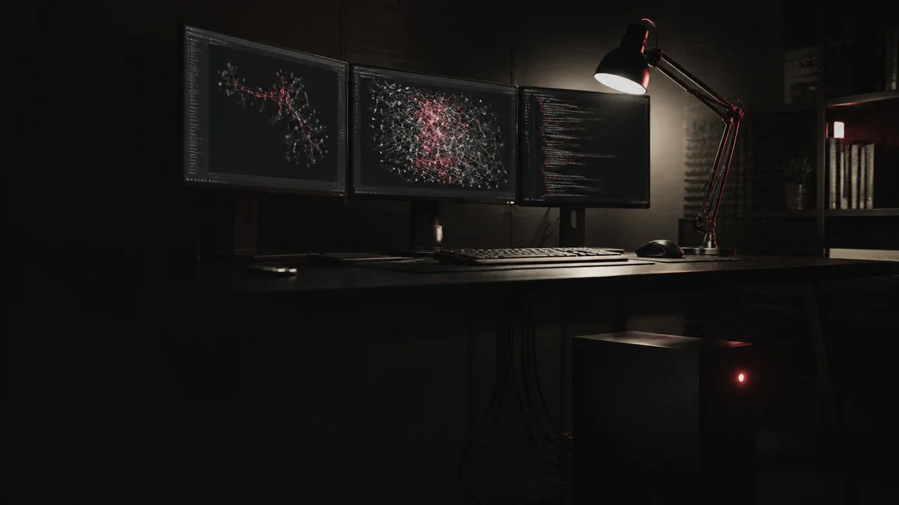 Estação de trabalho com múltiplos monitores exibindo grafos de rede neural, luminária de mesa acesa iluminando o teclado no primeiro plano