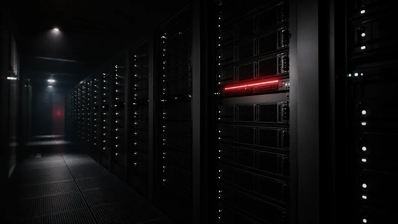 Sala de servidores com racks de GPU enfileirados, indicador de status vermelho aceso em um dos racks