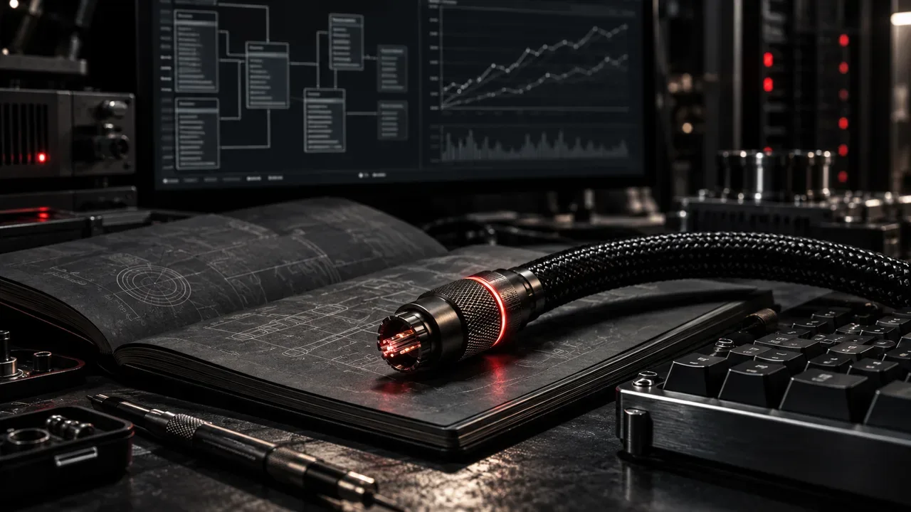Cabo de fibra óptica com conector metálico sobre caderno técnico sob iluminação rasante