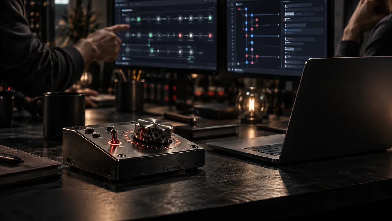 Bancada de desenvolvimento com controlador analógico e terminais de código