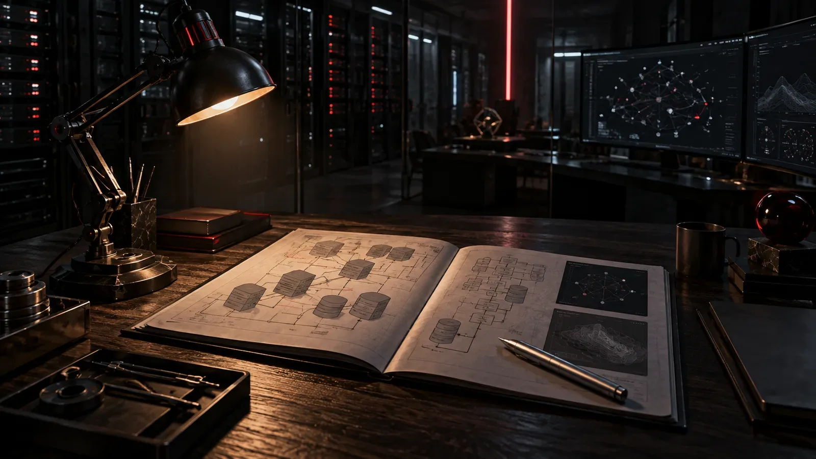 Mesa de estratégia em software e diagnósticos técnicos sob iluminação chiaroscuro