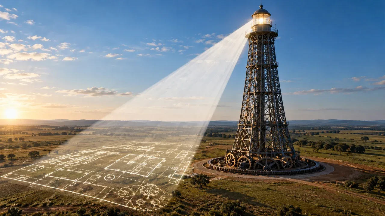Farol de estrutura de aço projetando plantas arquitetônicas luminosas sobre o solo