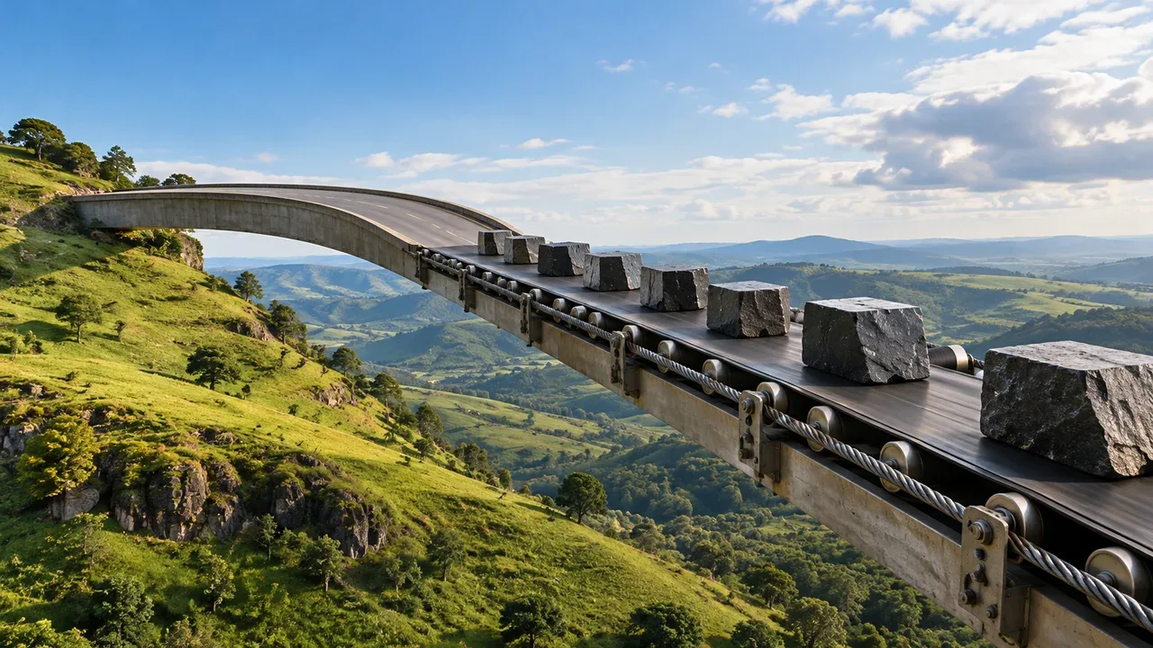 Ponte estaiada industrial suspensa sobre vale verdejante com esteira mecânica contínua