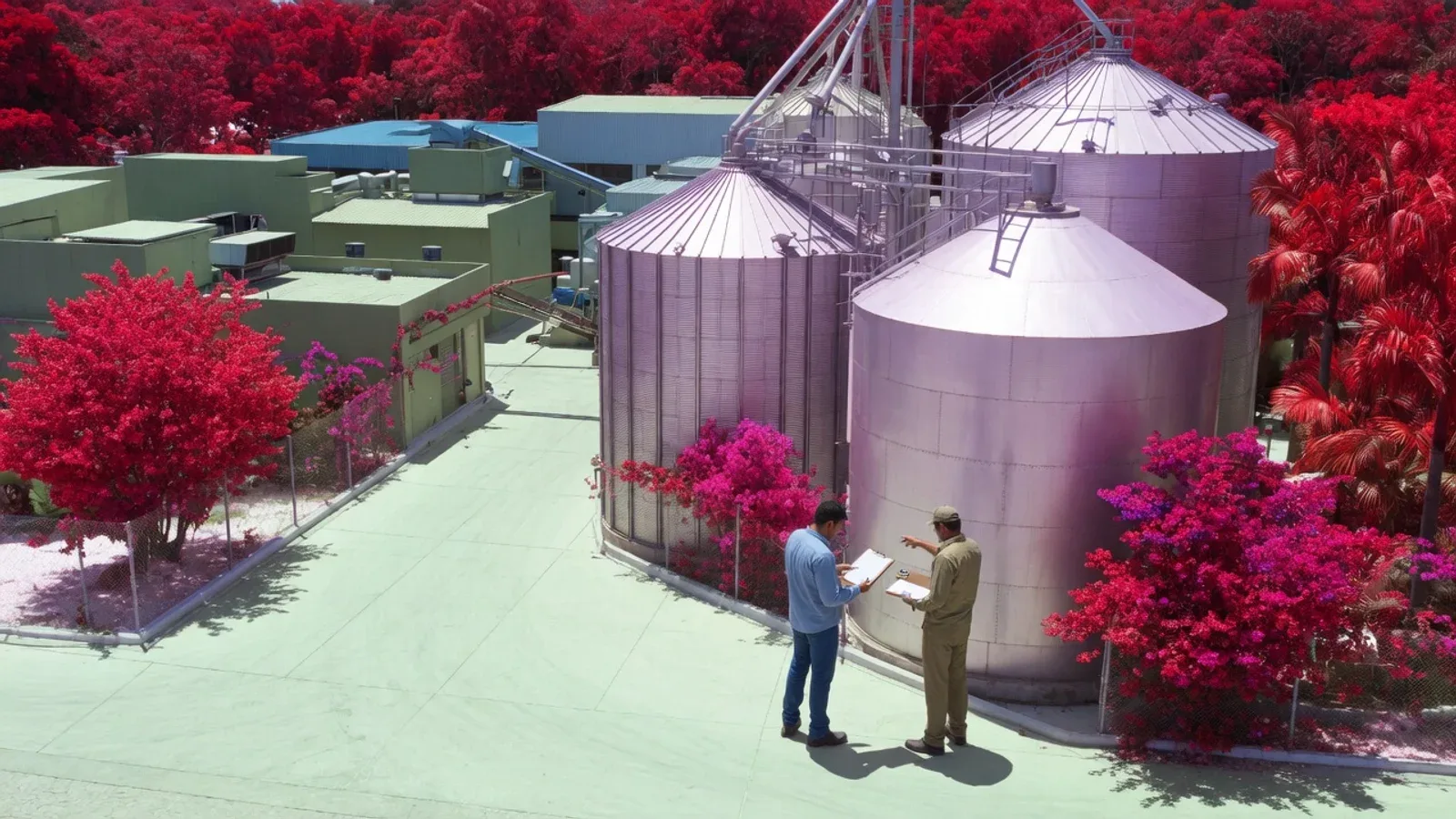 Dois inspetores técnicos examinando instalações agroindustriais sob sol do meio-dia em fotografia infravermelha com vegetação em tons carmim e rosa