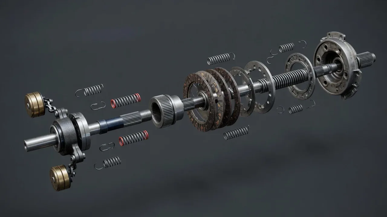 Vista explodida técnica de um mecanismo regulador e embreagem de torque com discos e molas flutuando