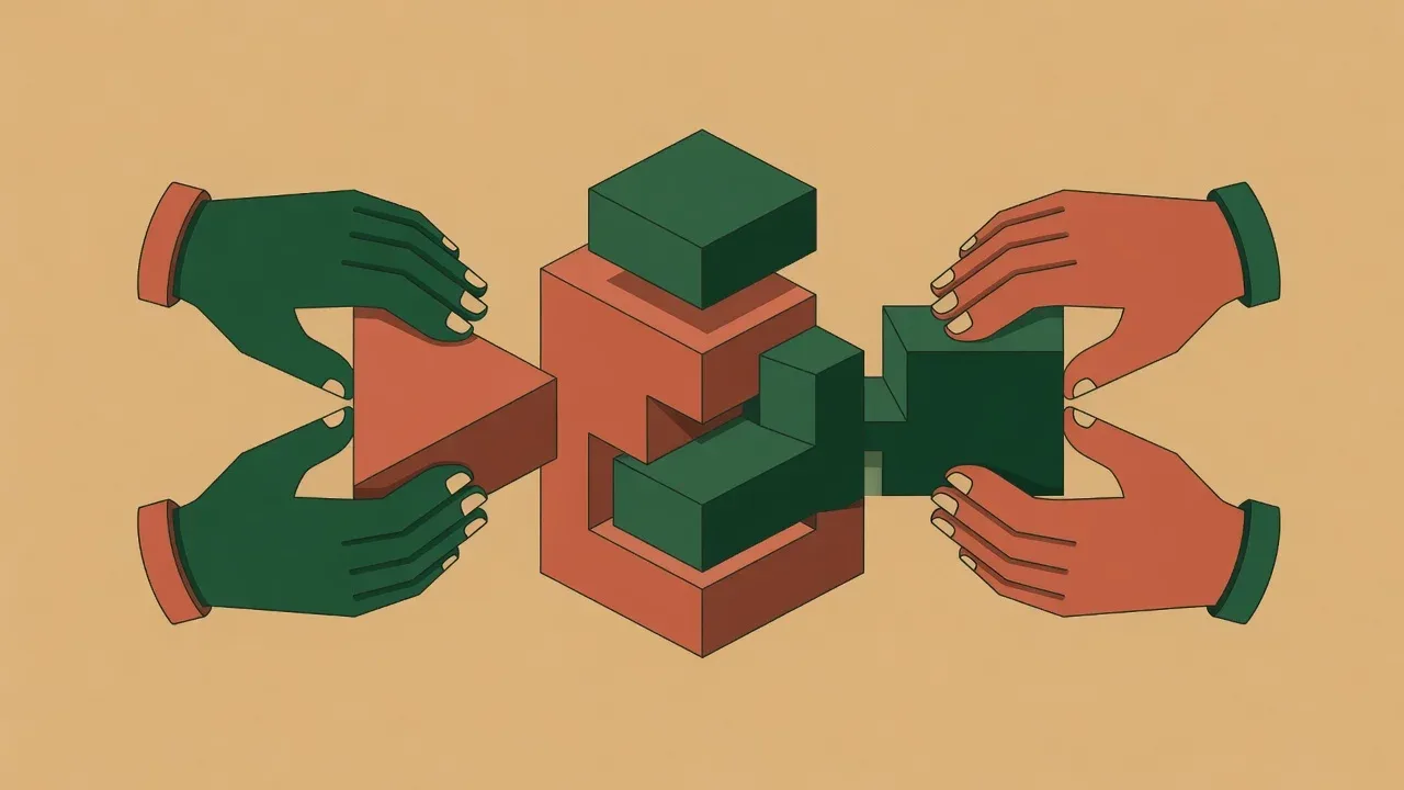 Ilustração gráfica de duas mãos colaborando na construção de sistemas no modelo de co-building