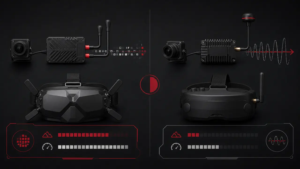 Comparação visual entre visualização FPV digital nítida e sinal analógico granulado