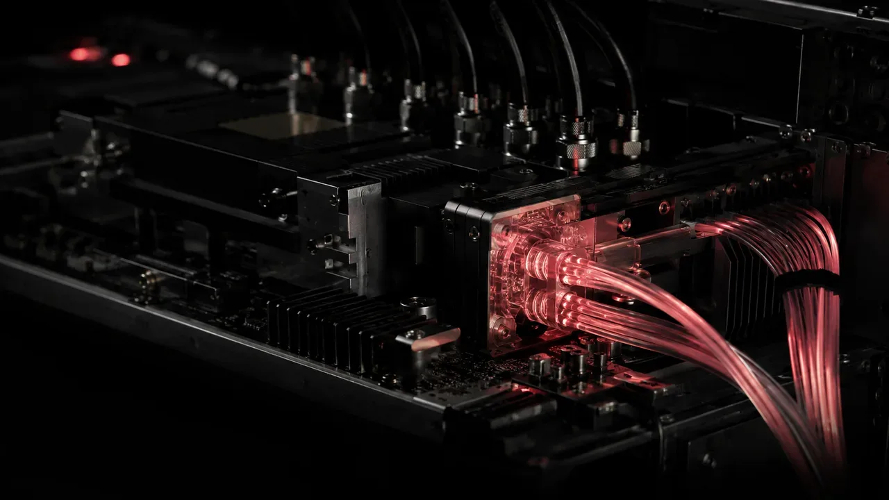 Close-up de hardware acelerador de tensores e conexões ópticas de alta velocidade para simulação neural