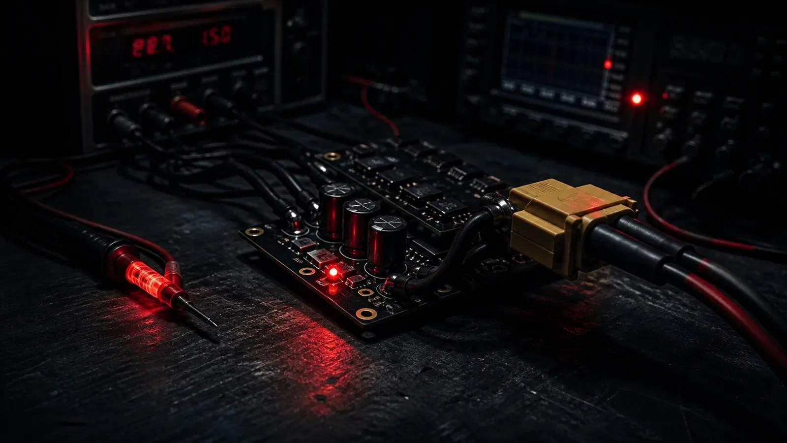 Placa de distribuição de potência de drone Cinelifter FPV em bancada técnica com diodo TVS e capacitores Low-ESR sob iluminação chiaroscuro