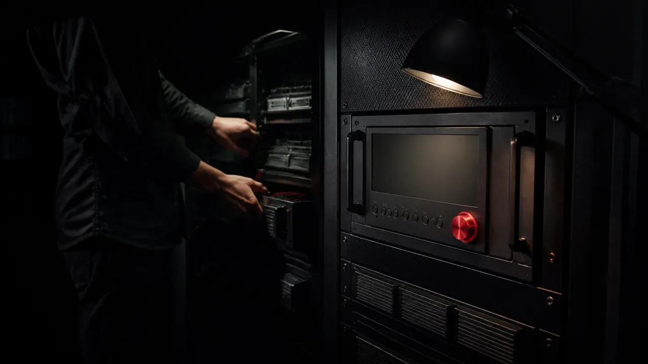 Console de estúdio de engenharia audiovisual com controles manuais e monitoramento de renderização