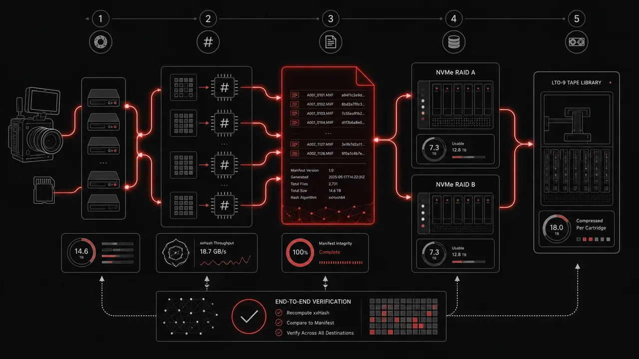 Diagrama técnico da arquitetura de ingestão de dados de cinema digital com verificação por checksum e replicação para arrays NVMe e fitas magnéticas LTO