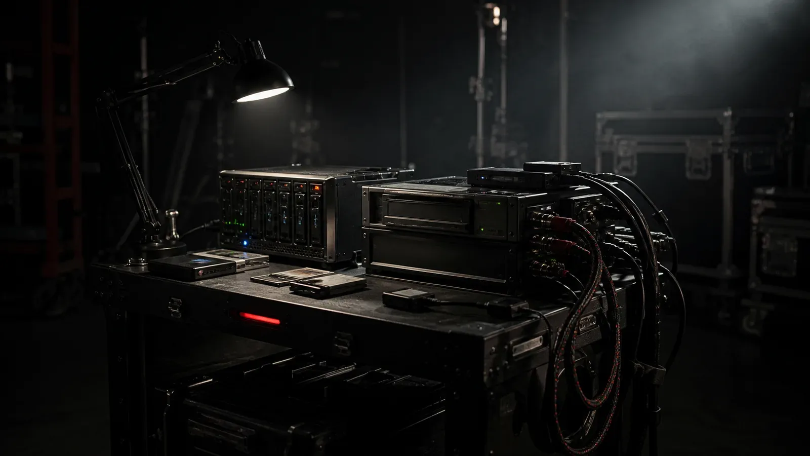 Bancada técnica de DIT em estúdio de cinema com arrays NVMe, leitores de cartões de alta velocidade e unidade de fita LTO sob iluminação direcional