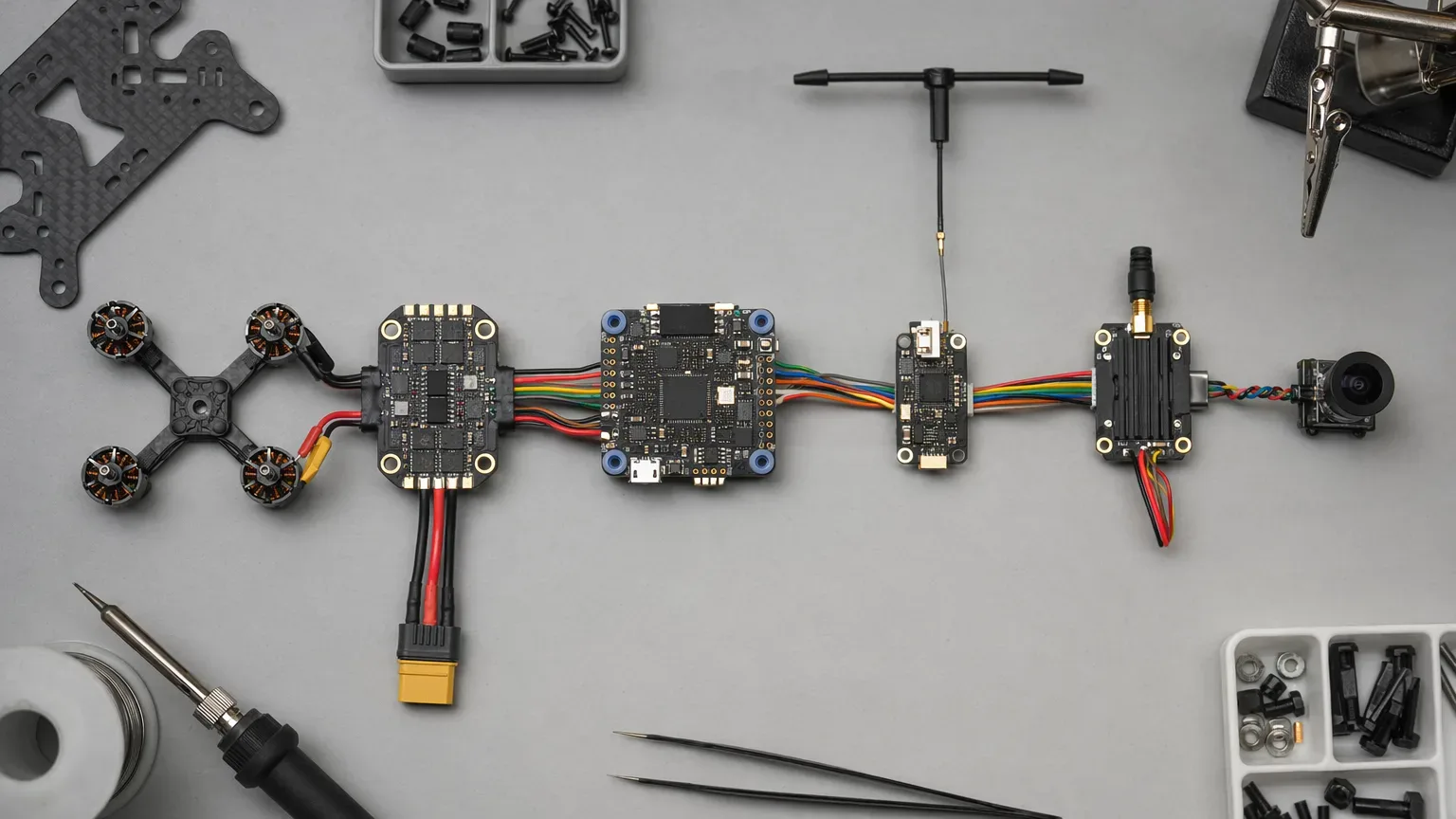 Visão top-down de layout FPV com FC, ESC, receptor, antena e módulo de vídeo alinhados em bancada