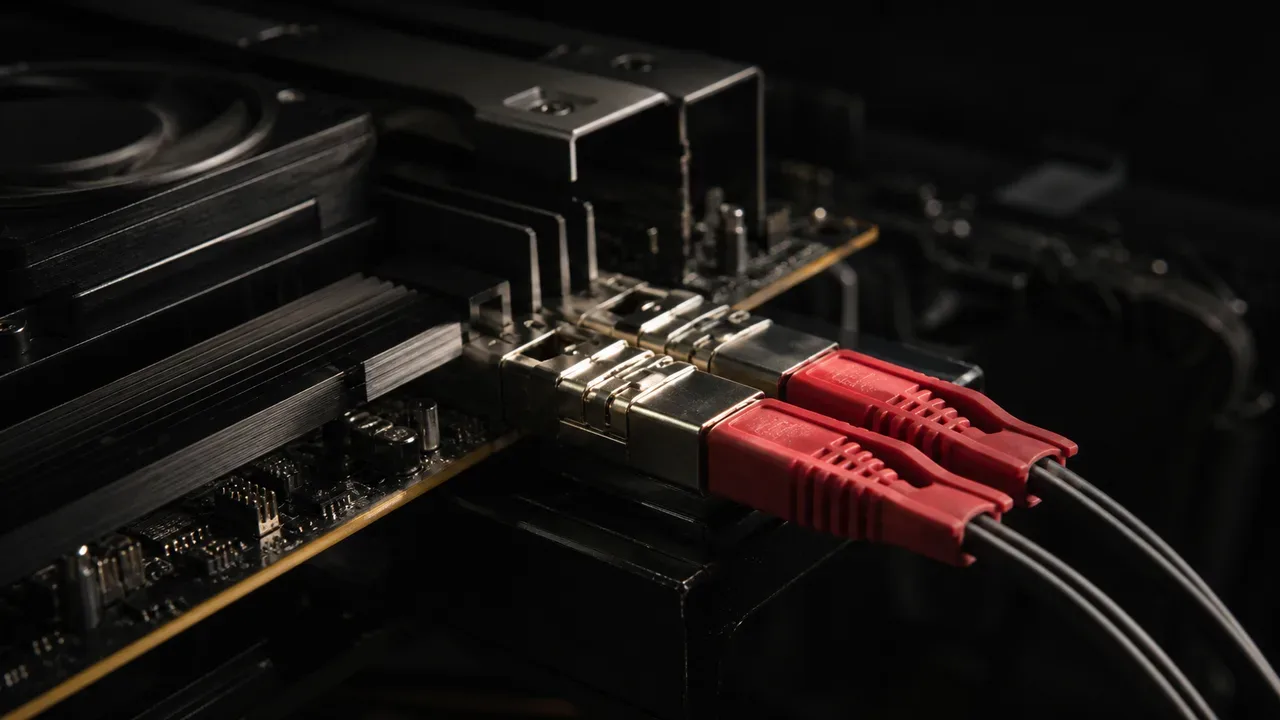 Bancada de testes de aceleradores de IA com jumpers de fibra óptica em conectores carmim sob iluminação lateral