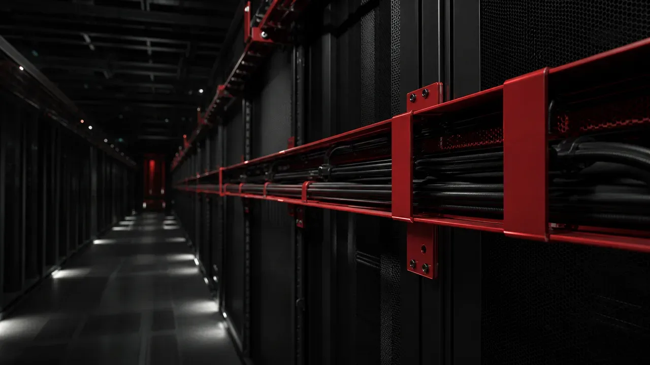 Corredor de racks de servidores de datacenter com bandejas de cabeamento carmim em perspectiva industrial chiaroscuro