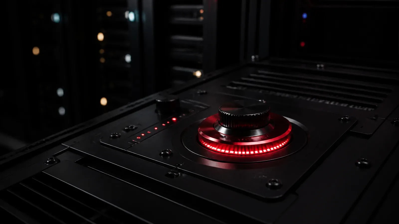 Console de telemetria de supercomputador de IA com módulo de calibração em alumínio anodizado carmim sob iluminação chiaroscuro