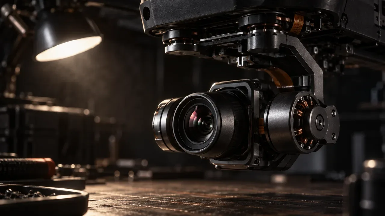 Mecanismo de gimbal motorizado de 3 eixos com motores brushless e lente óptica em bancada técnica