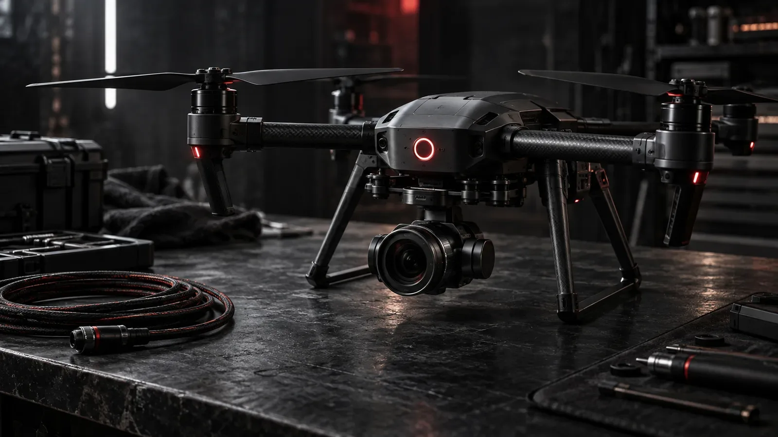 Drone quadricóptero com câmera em gimbal motorizado de três eixos sobre bancada técnica escura