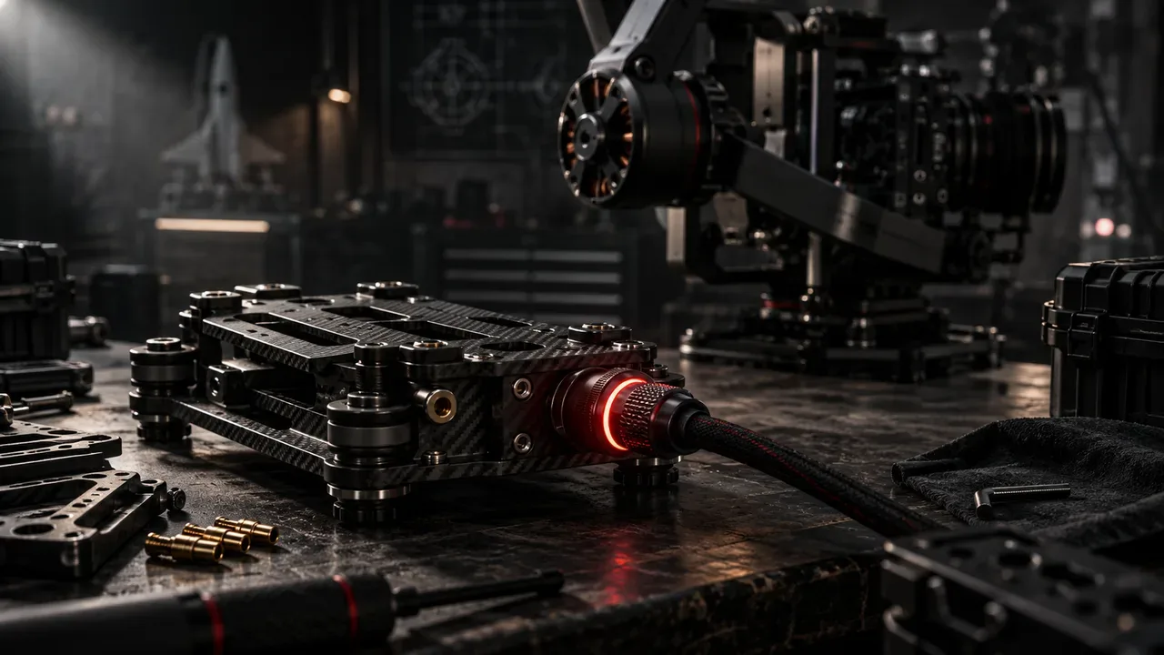 Detalhe de montagem de câmera de cinema com placa de fibra de carbono e amortecimento em bancada técnica de set