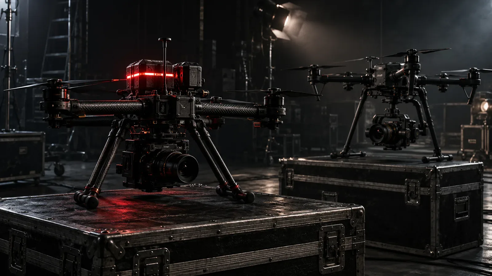 Drone FPV cinelifter ao lado de drone tradicional com gimbal em cases de transporte em estúdio de cinema