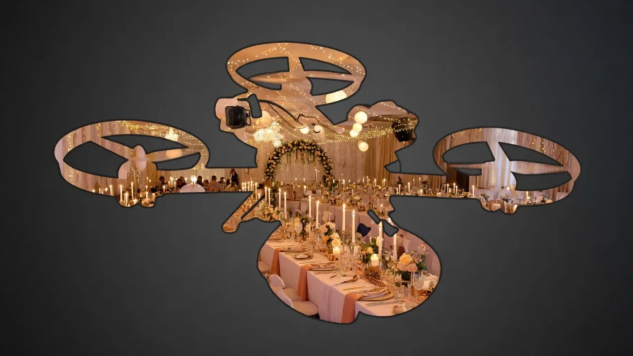 Drone FPV cinewhoop em dupla exposição mostrando os detalhes do salão de casamento iluminado