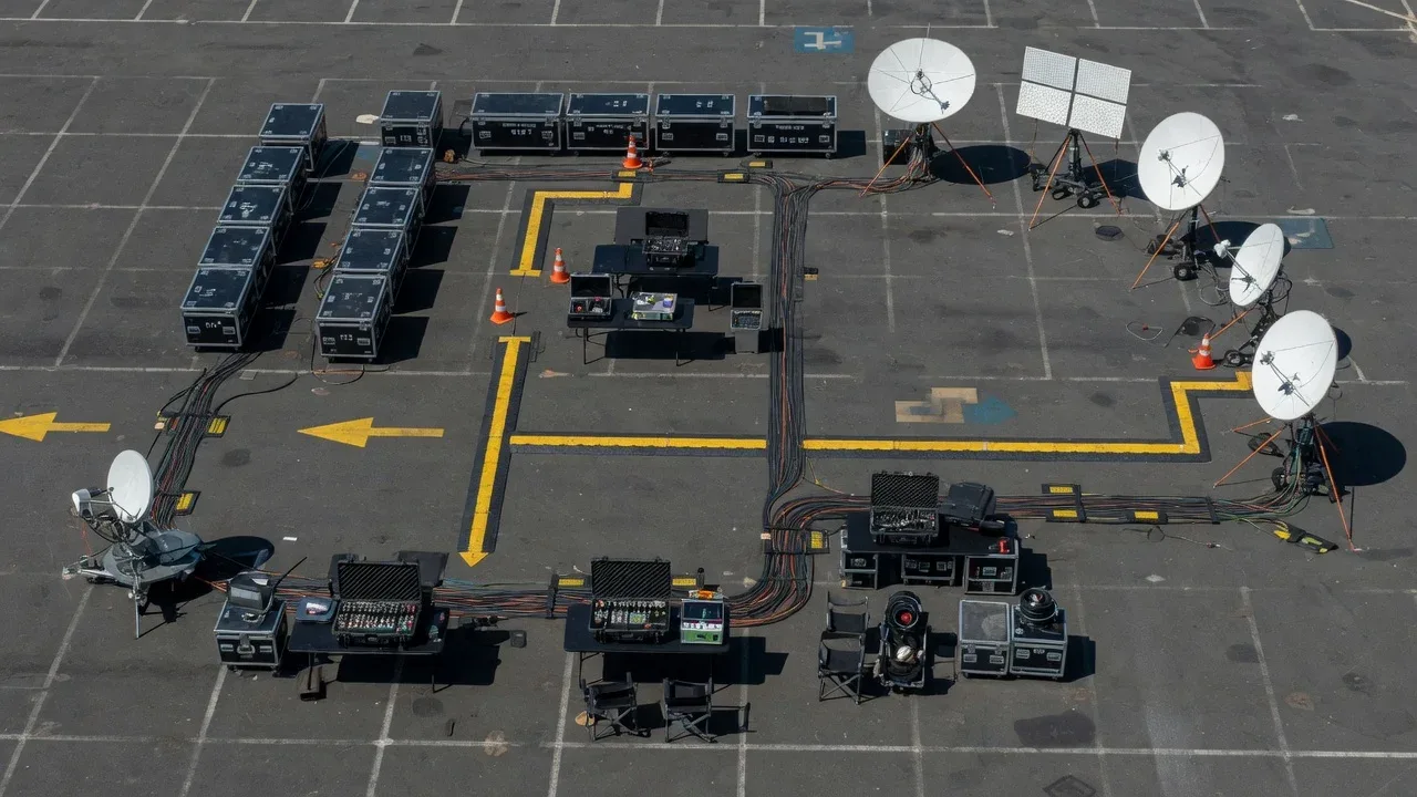 Área técnica de solo ao lado de arena esportiva com antenas direcionais e monitores de retorno