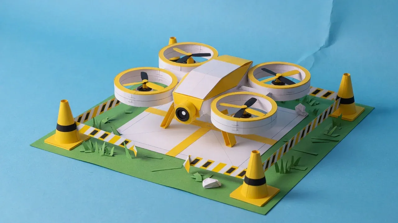 Área de decolagem segura demarcada com cones de sinalização zebrados e drone cinewhoop com hélices protegidas
