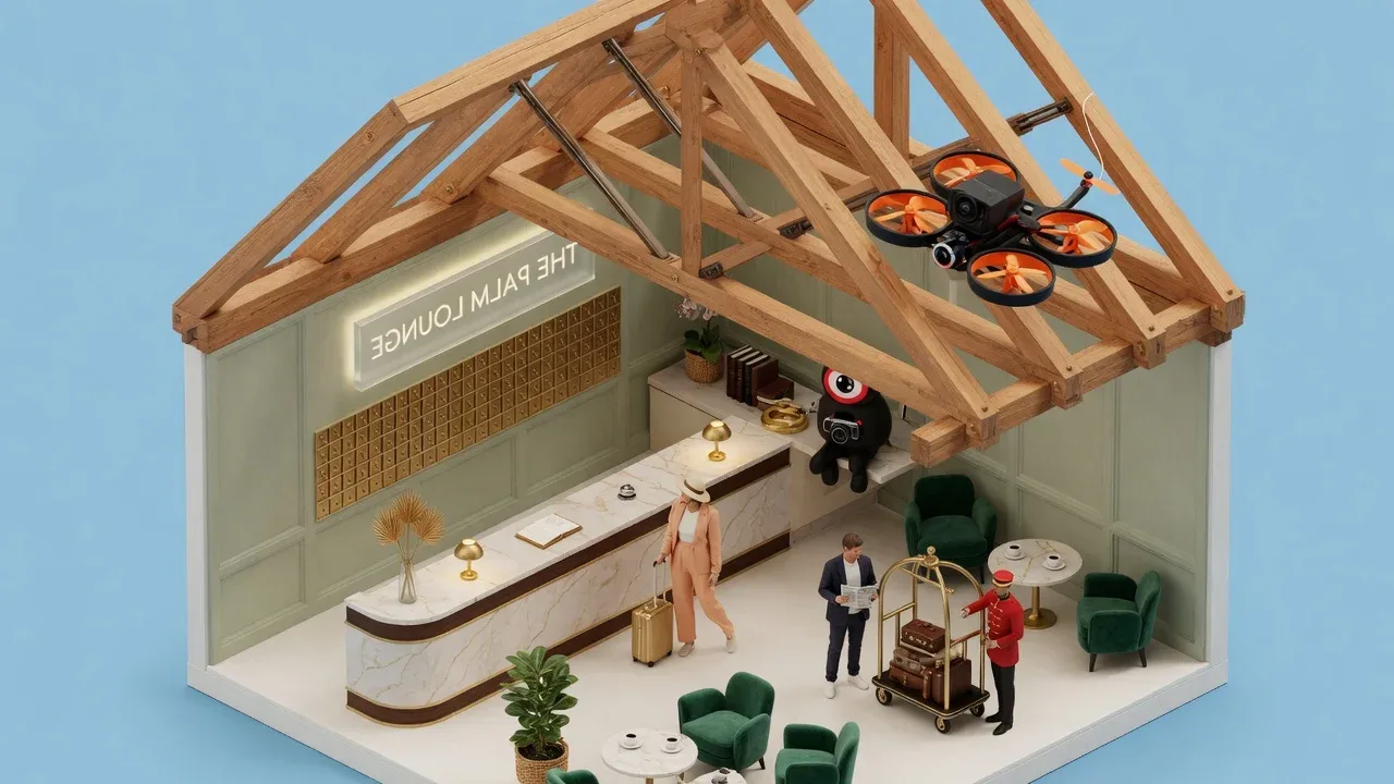 Miniatura isométrica do lobby e recepção de hotel com drone FPV percorrendo as vigas de madeira