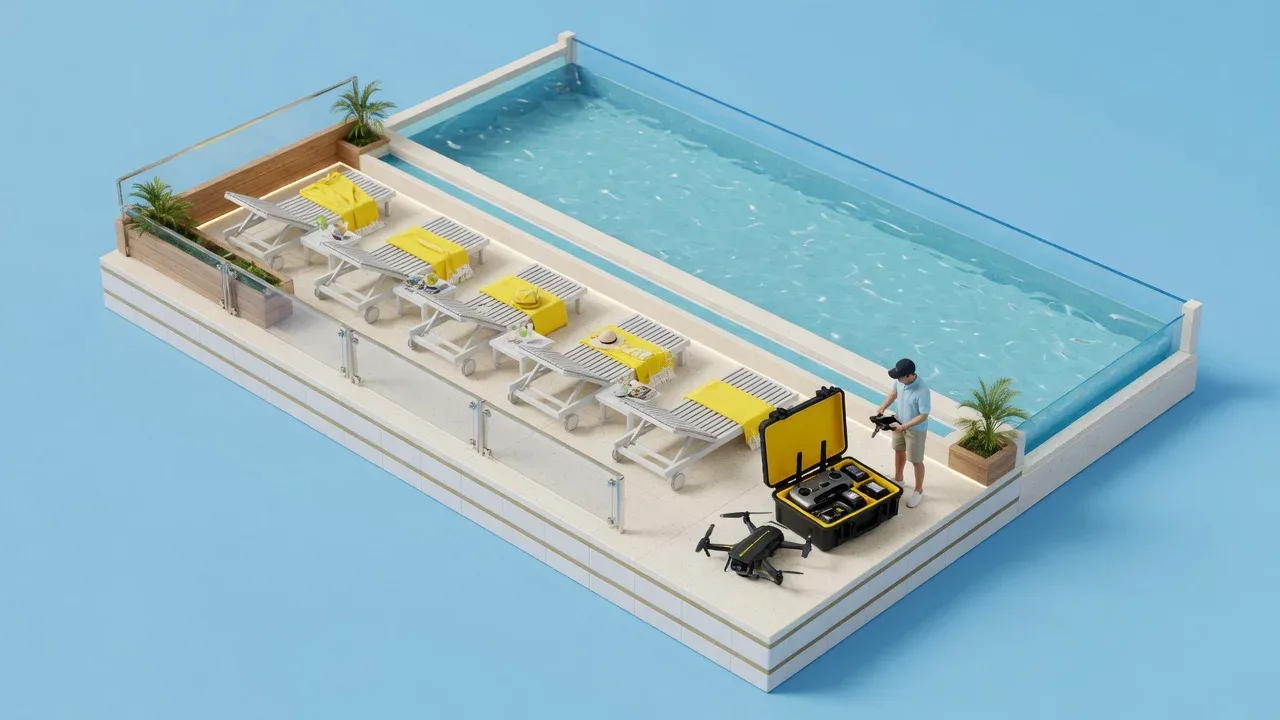 Maquete em miniatura do deque da piscina de um resort com operador de drone e maleta de equipamentos