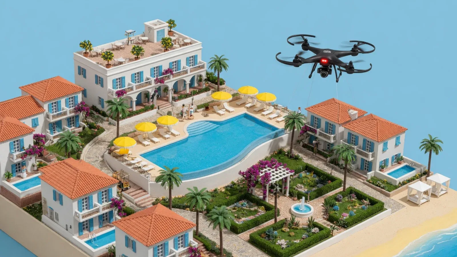 Maquete em miniatura isométrica de um resort litorâneo com piscina, bangalôs e drone de filmagem em sobrevoo