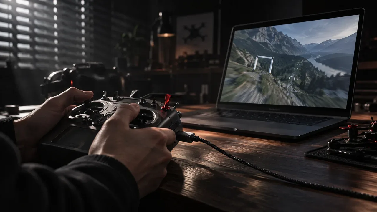 Radiocontrole FPV conectado via cabo a simulador de voo em monitor com chave de acionamento em tom carmim