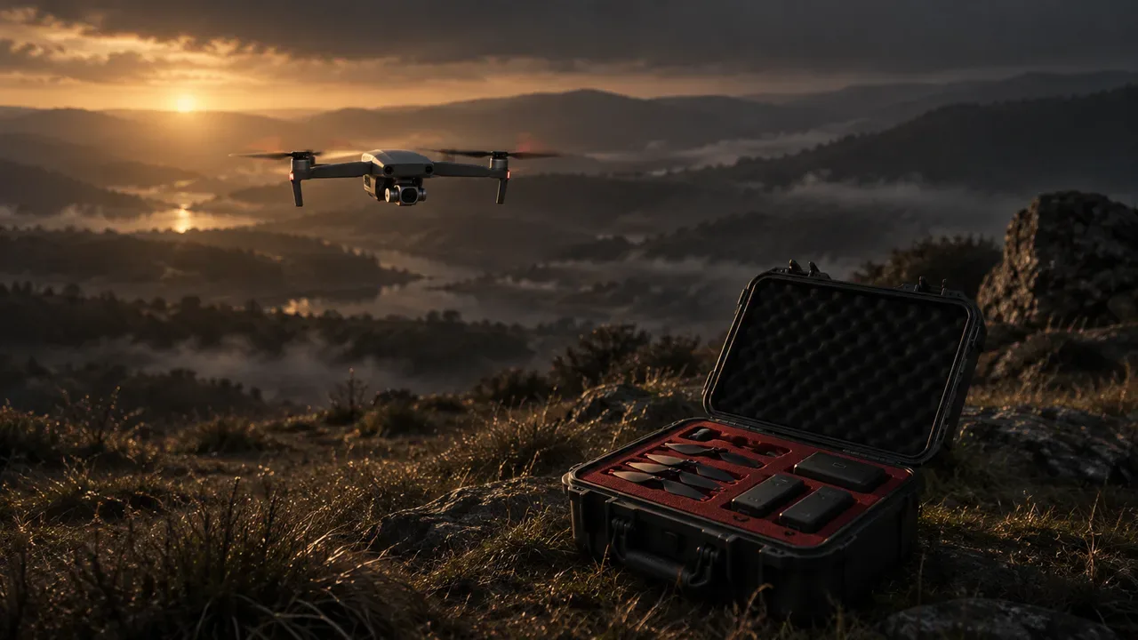 Drone sub-250g em voo pairado sobre gramado ao lado de maleta técnica com forro interno carmim