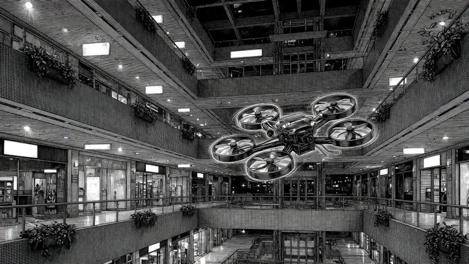 Gravura clássica em xilogravura de um shopping center contemporâneo durante a madrugada com drone FPV sobrevoando o átrio central